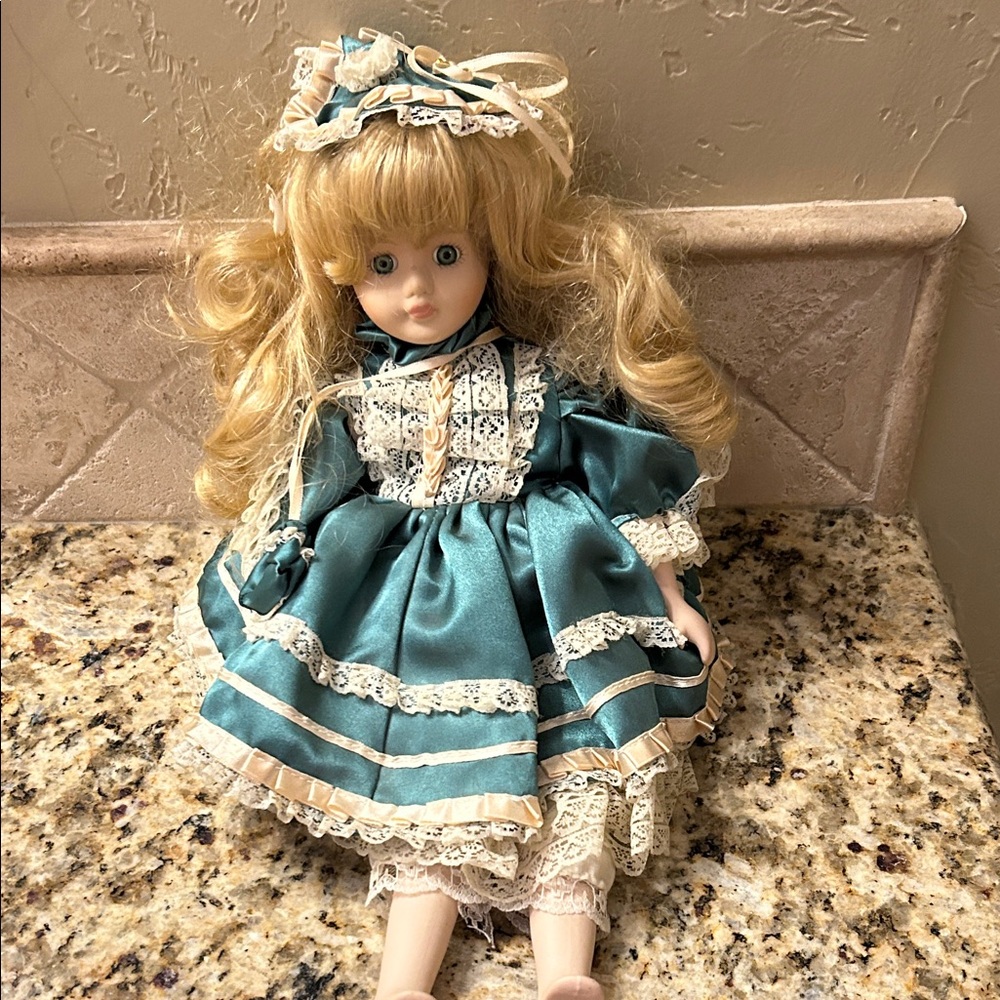 Vintage porcelain heritage doll with Elegant Teal & Cream Dress
